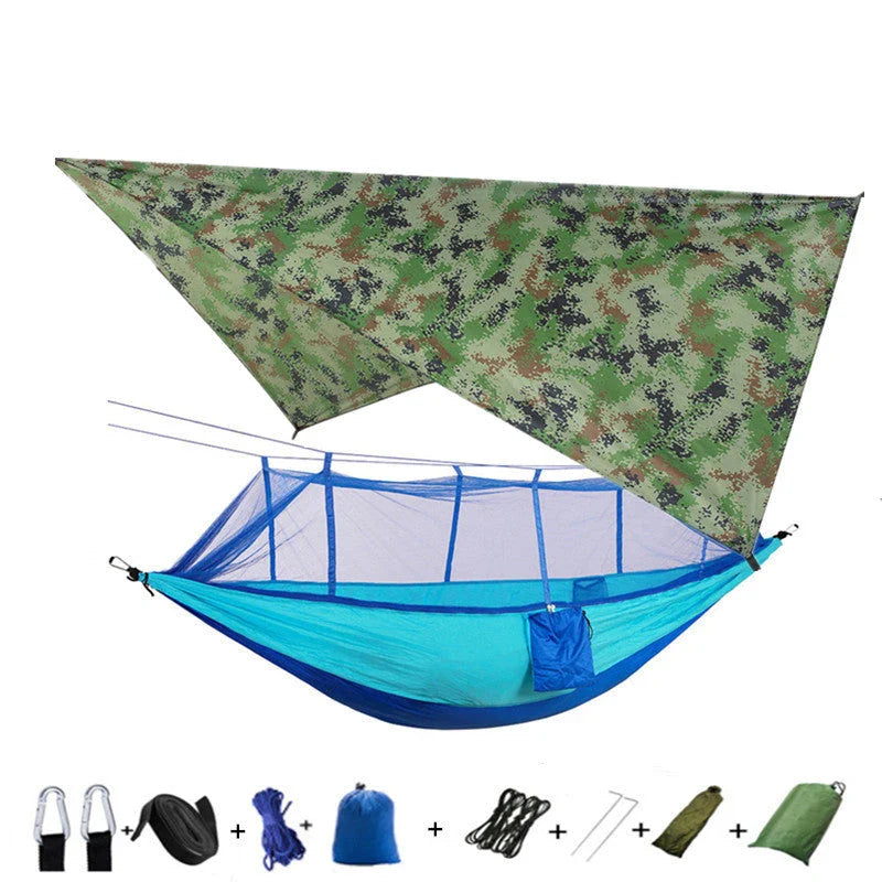 Lightweight and portable parachute hammock with mosquito net for outdoor relaxation