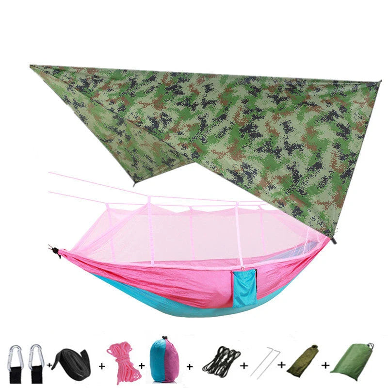 Lightweight and portable parachute hammock with mosquito net for outdoor relaxation