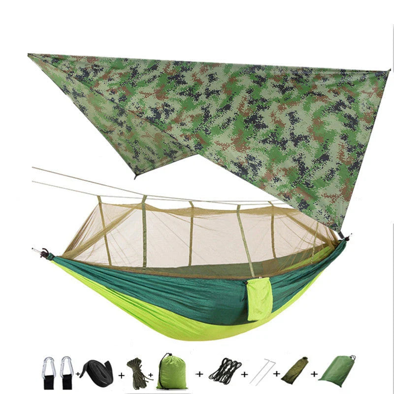 Lightweight and portable parachute hammock with mosquito net for outdoor relaxation