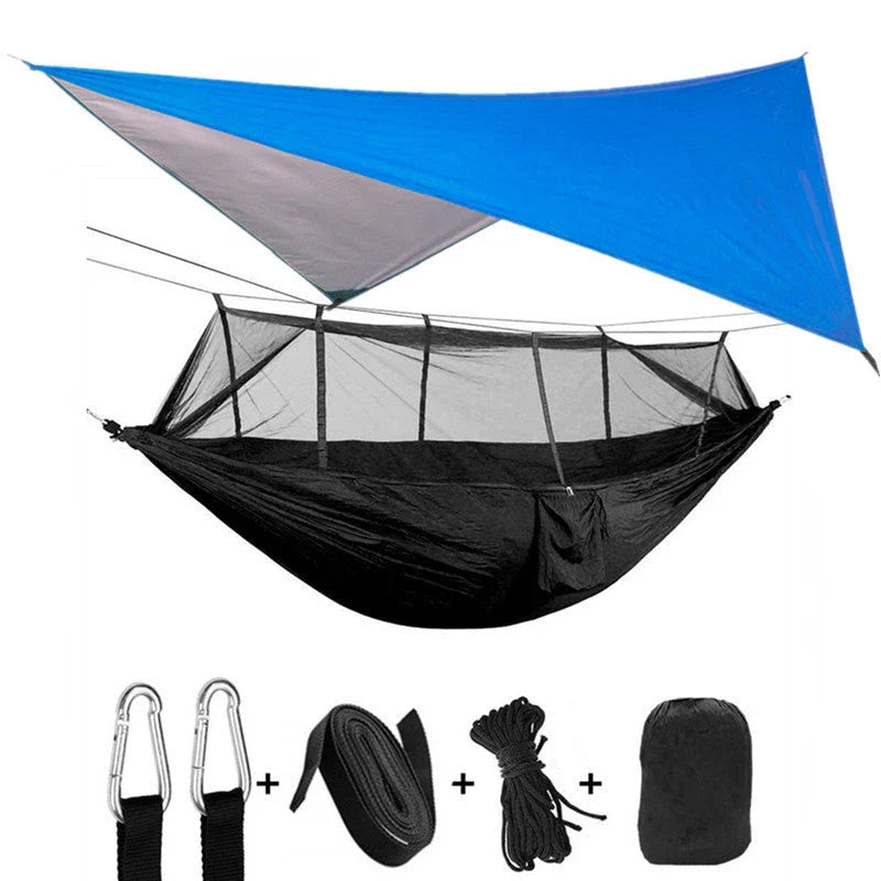 Lightweight and portable parachute hammock with mosquito net for outdoor relaxation