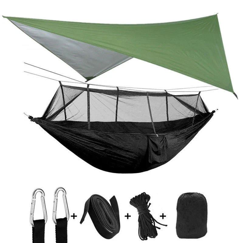 Lightweight and portable parachute hammock with mosquito net for outdoor relaxation