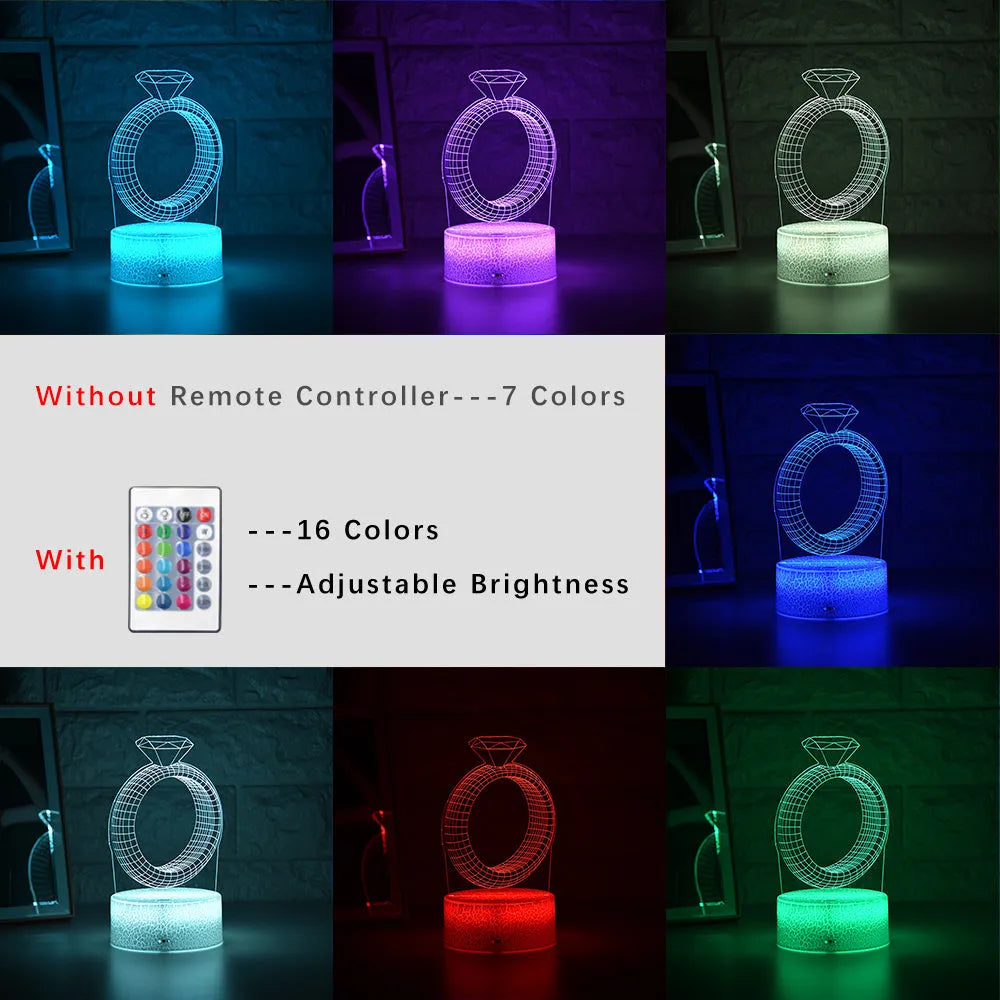 3D LED night light showing diamond ring projection with colour-changing lights on a black base