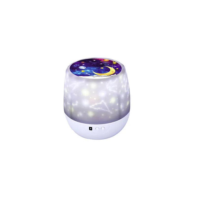 Pruixin PRX1363 projector night light showing rotating star patterns on a wall in a bedroom setting