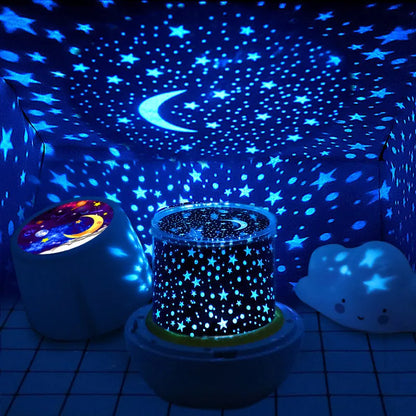 Pruixin PRX1363 projector night light showing rotating star patterns on a wall in a bedroom setting