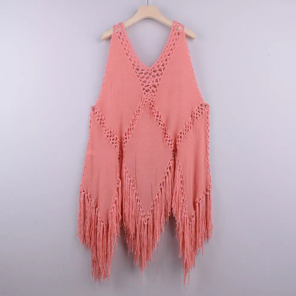 Crochet bikini cover-up dress in various colors, perfect for summer beachwear