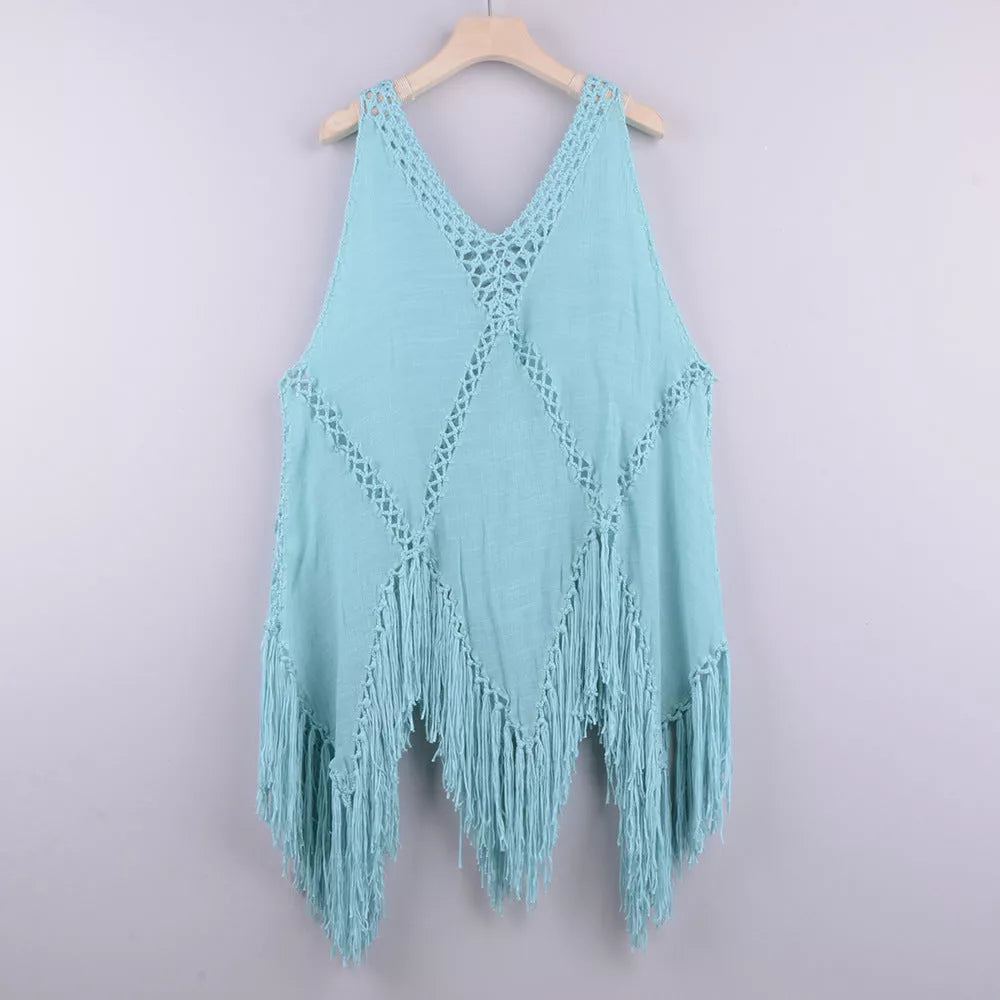Crochet bikini cover-up dress in various colors, perfect for summer beachwear