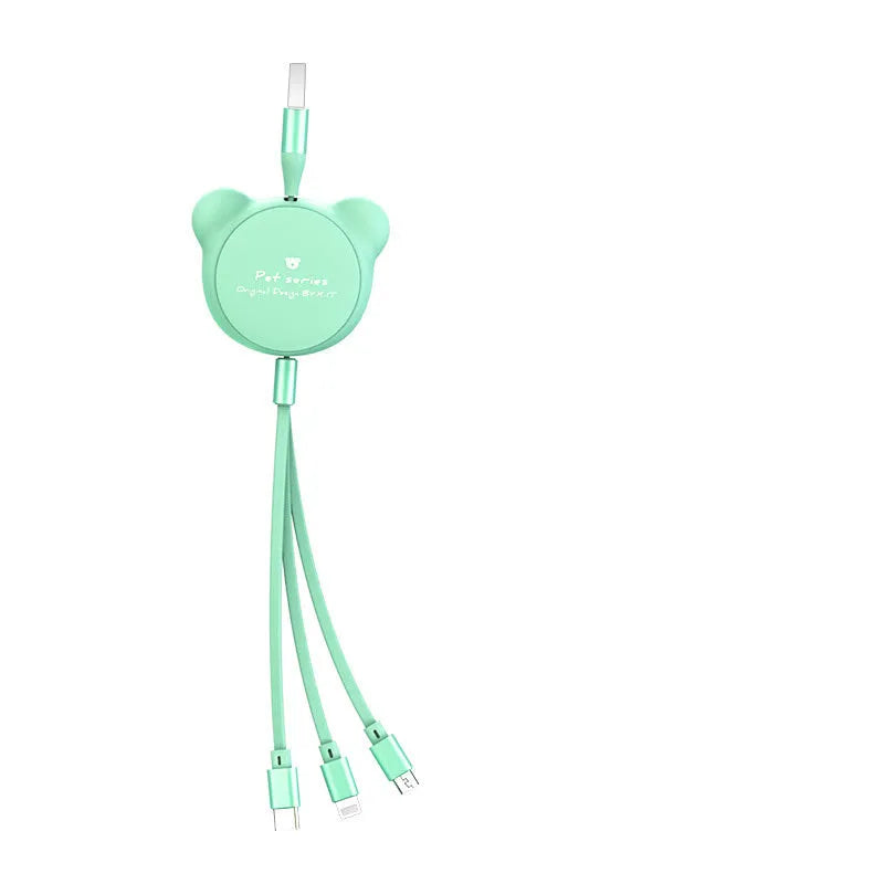 Cute telescopic bear cable organiser showing Mini USB, 30PIN, and Micro USB connectors on a 1.2m cord