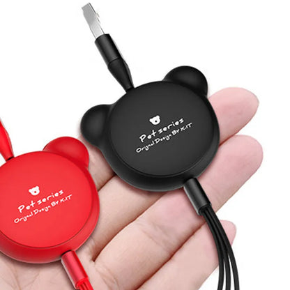 Cute telescopic bear cable organiser showing Mini USB, 30PIN, and Micro USB connectors on a 1.2m cord