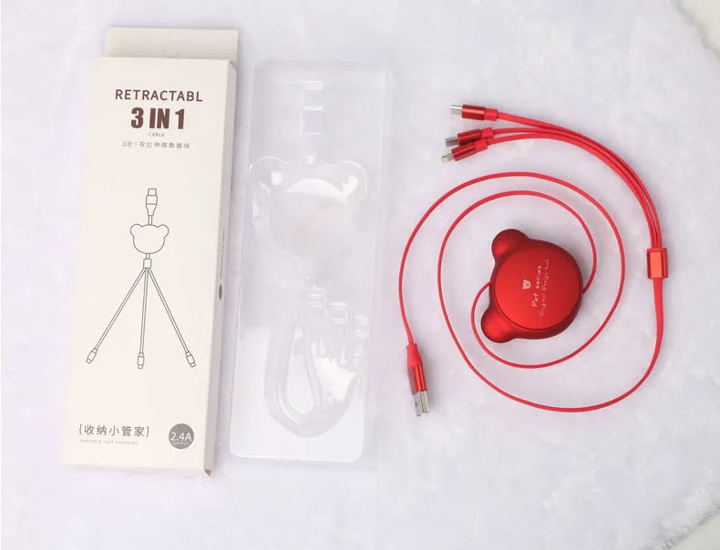 Cute telescopic bear cable organiser showing Mini USB, 30PIN, and Micro USB connectors on a 1.2m cord