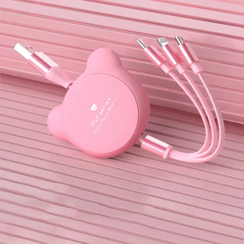 Cute telescopic bear cable organiser showing Mini USB, 30PIN, and Micro USB connectors on a 1.2m cord