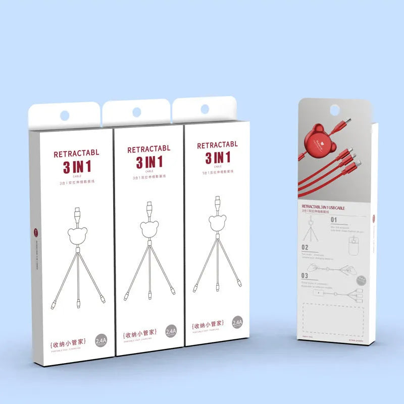 Cute telescopic bear cable organiser showing Mini USB, 30PIN, and Micro USB connectors on a 1.2m cord