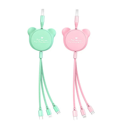 Cute telescopic bear cable organiser showing Mini USB, 30PIN, and Micro USB connectors on a 1.2m cord