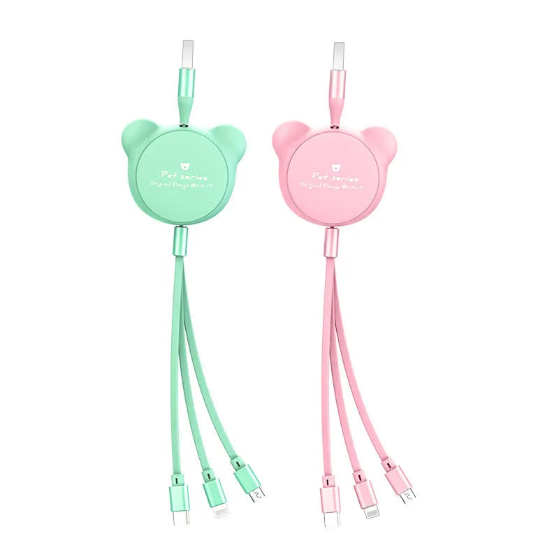 Cute telescopic bear cable organiser with three built-in charging cables for Mini USB, 30PIN and Micro USB devices, featuring a 1.2 metre long cord in colour options of red, pink, black or green