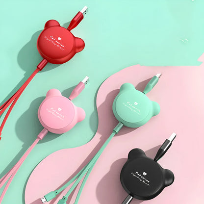 Cute telescopic bear cable organiser showing Mini USB, 30PIN, and Micro USB connectors on a 1.2m cord