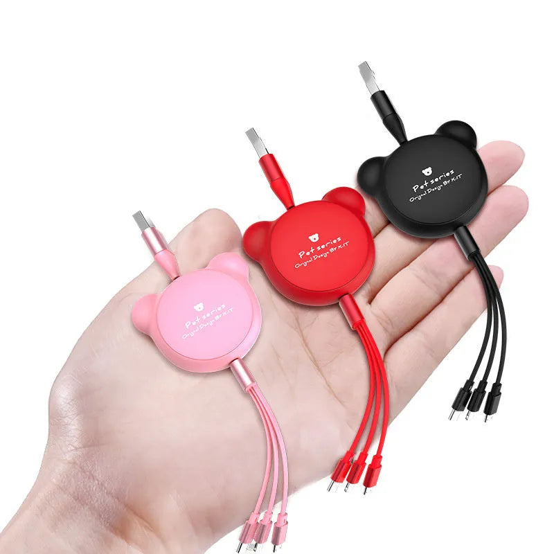 Cute telescopic bear cable organiser showing Mini USB, 30PIN, and Micro USB connectors on a 1.2m cord