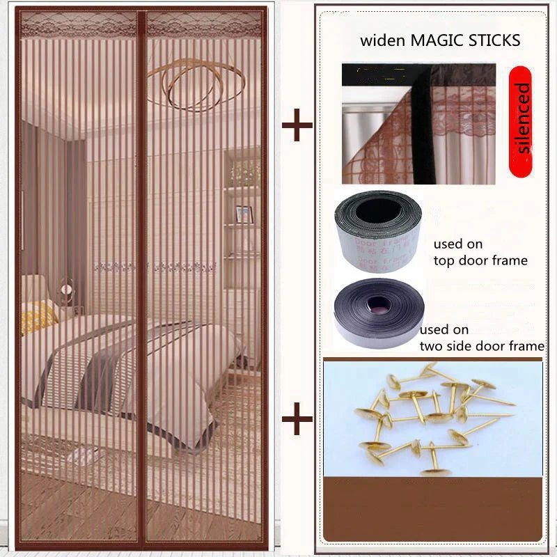 Magnetic insect mesh curtains for doors and kitchen entrances, featuring a durable polyester fiber construction, strong Velcro attachment, and an ingenious magnetic design for easy access.