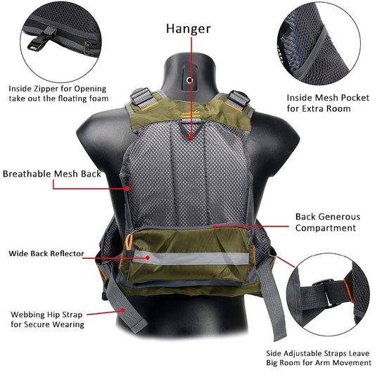 Fishing life jacket with removable EPE foam inserts, 10 pockets, adjustable straps, and reflective panels for water safety
