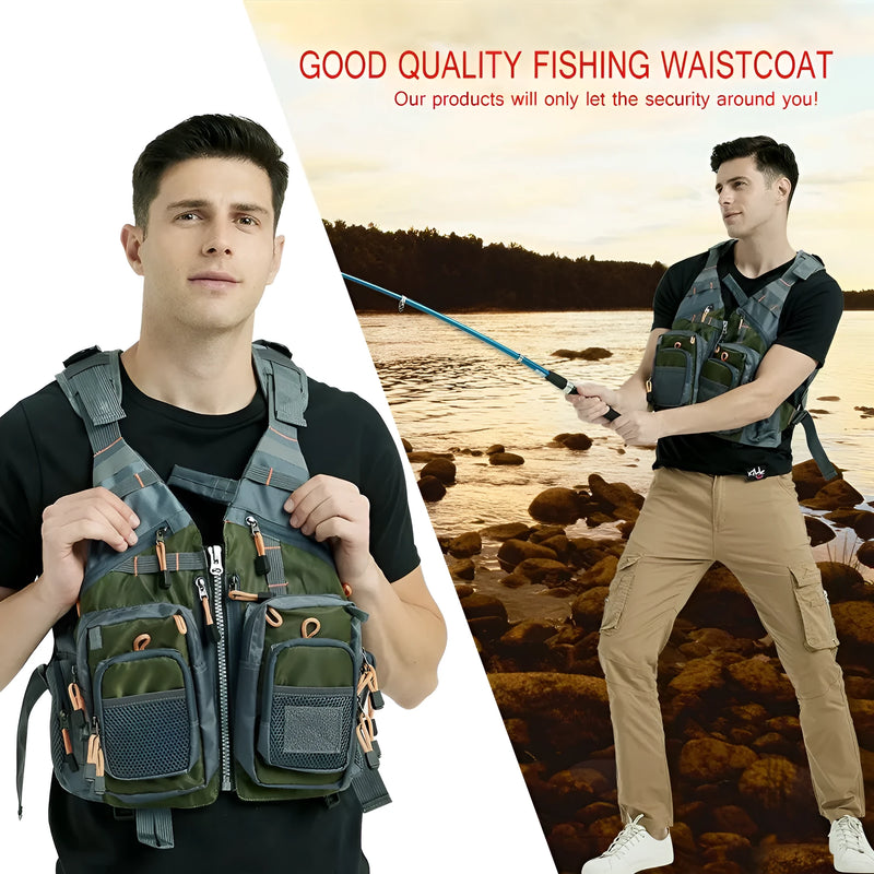 Fishing life jacket with removable EPE foam buoyancy, weighing 0.58kg and featuring four chest pockets, four zippered front pockets, and reflective strips for safety in water sports.