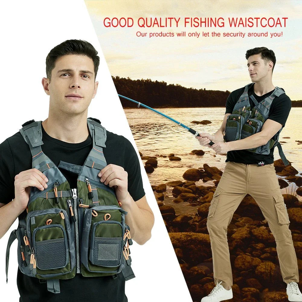 Premium fishing vest with multiple pockets, adjustable straps, and mesh lining for breathability and safety on the water