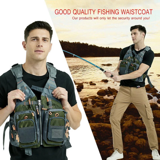 Premium fishing vest with multiple pockets, adjustable straps, and mesh lining for breathability and safety on the water