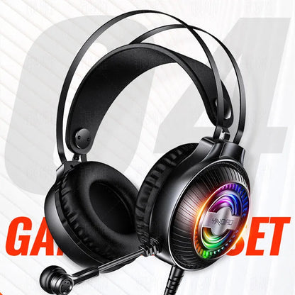 Black wired computer headset with microphone and protein earmuffs, showing 3.5mm plug and lengthy cable