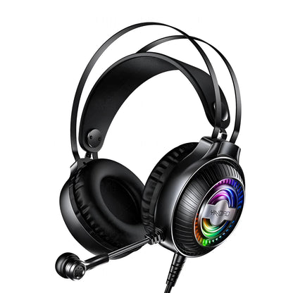 Black wired computer headset with microphone and protein earmuffs, showing 3.5mm plug and lengthy cable