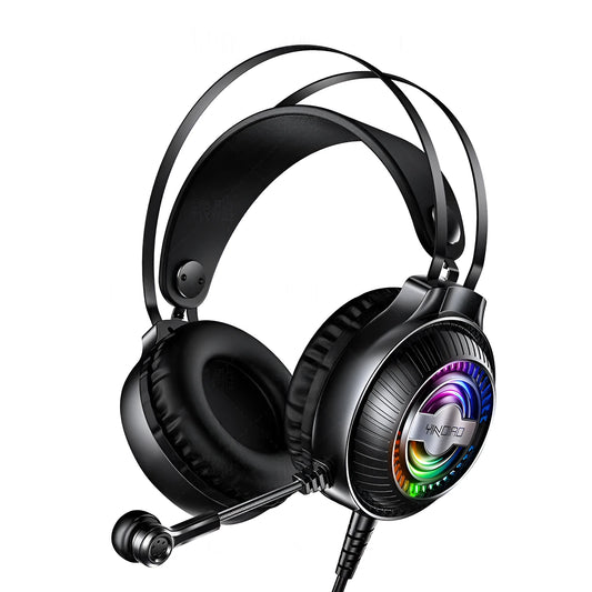 Black wired computer headset with microphone and protein earmuffs, showing 3.5mm plug and lengthy cable