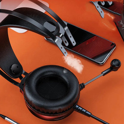 Black wired computer headset with microphone and protein earmuffs, showing 3.5mm plug and lengthy cable