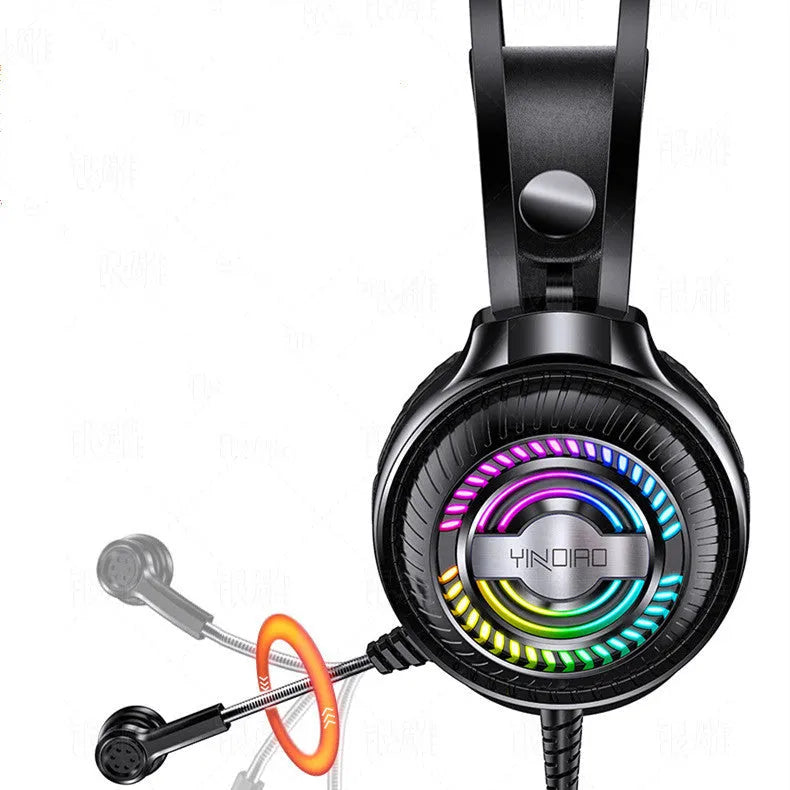 Black wired computer headset with microphone and protein earmuffs, showing 3.5mm plug and lengthy cable