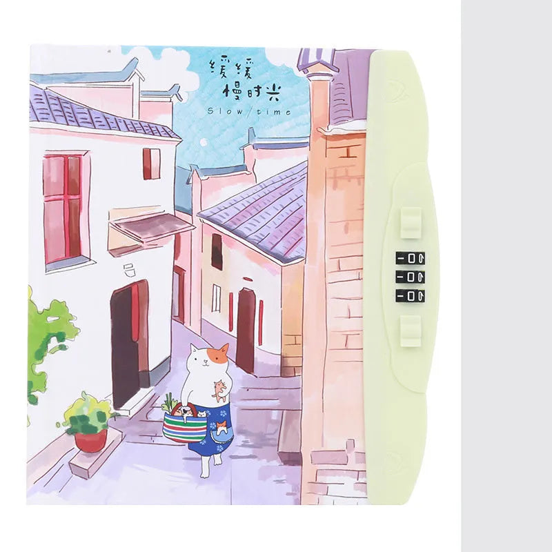 Children's lock diary notebook with combination lock showing colourful cartoon cover designs