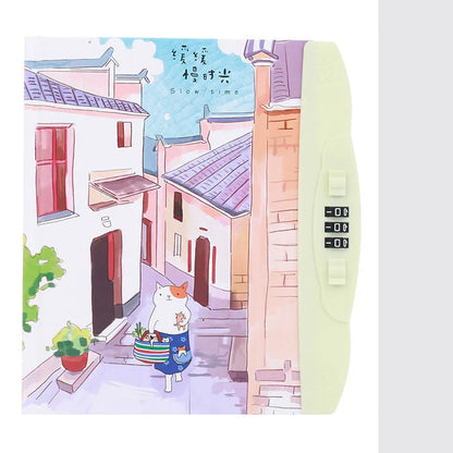Children's lock diary notebook with combination lock showing colourful cartoon cover designs