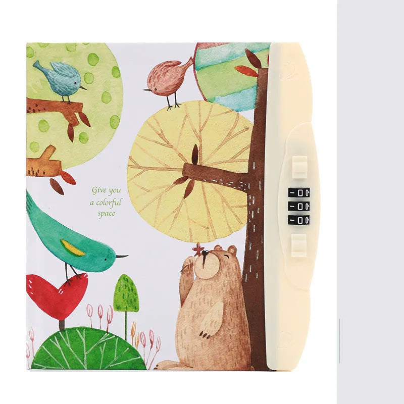 Children's lock diary notebook with combination lock showing colourful cartoon cover designs