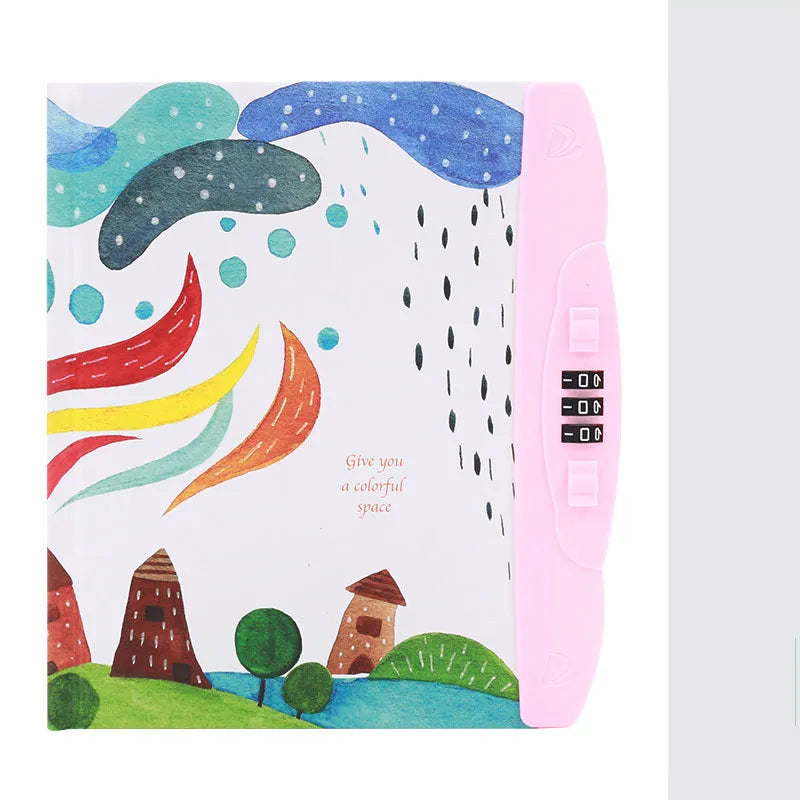 Children's lock diary notebook with combination lock showing colourful cartoon cover designs