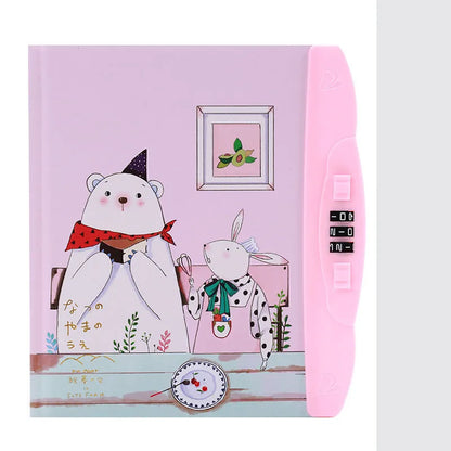Children's lock diary notebook with combination lock showing colourful cartoon cover designs