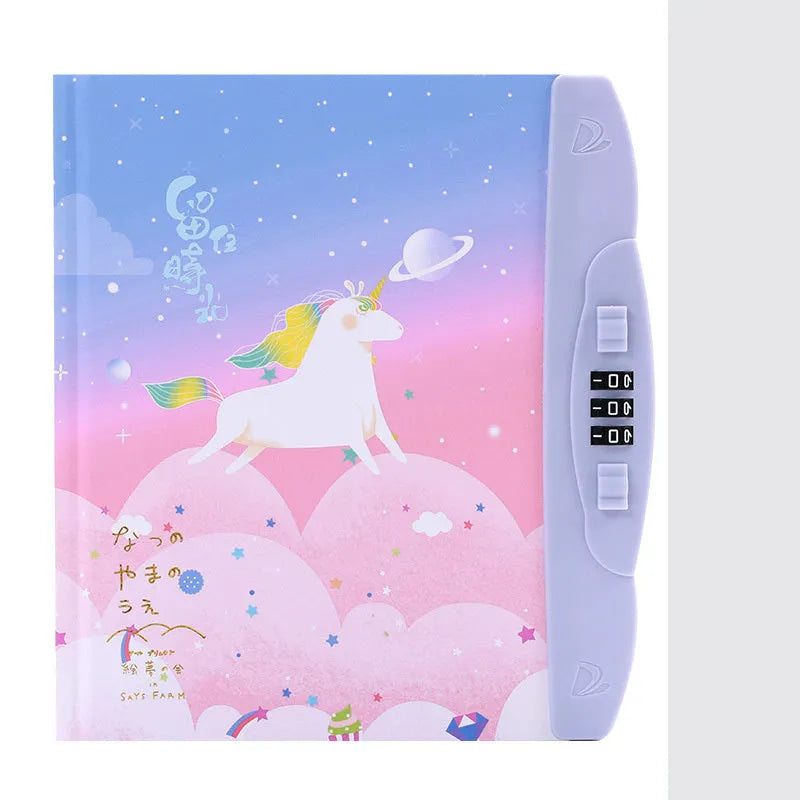 Children's lock diary notebook with combination lock showing colourful cartoon cover designs