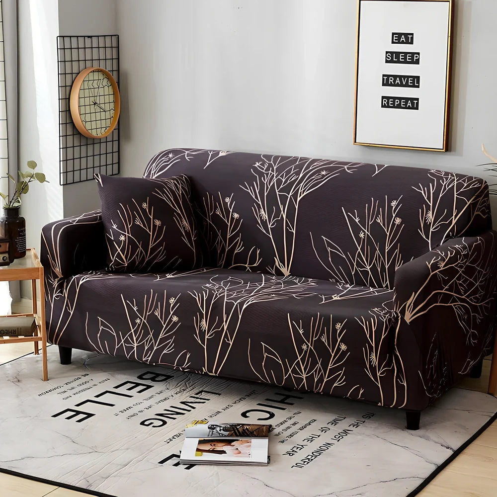 Geometric pattern sofa slipcover stretched over three-seater sofa in beige colour