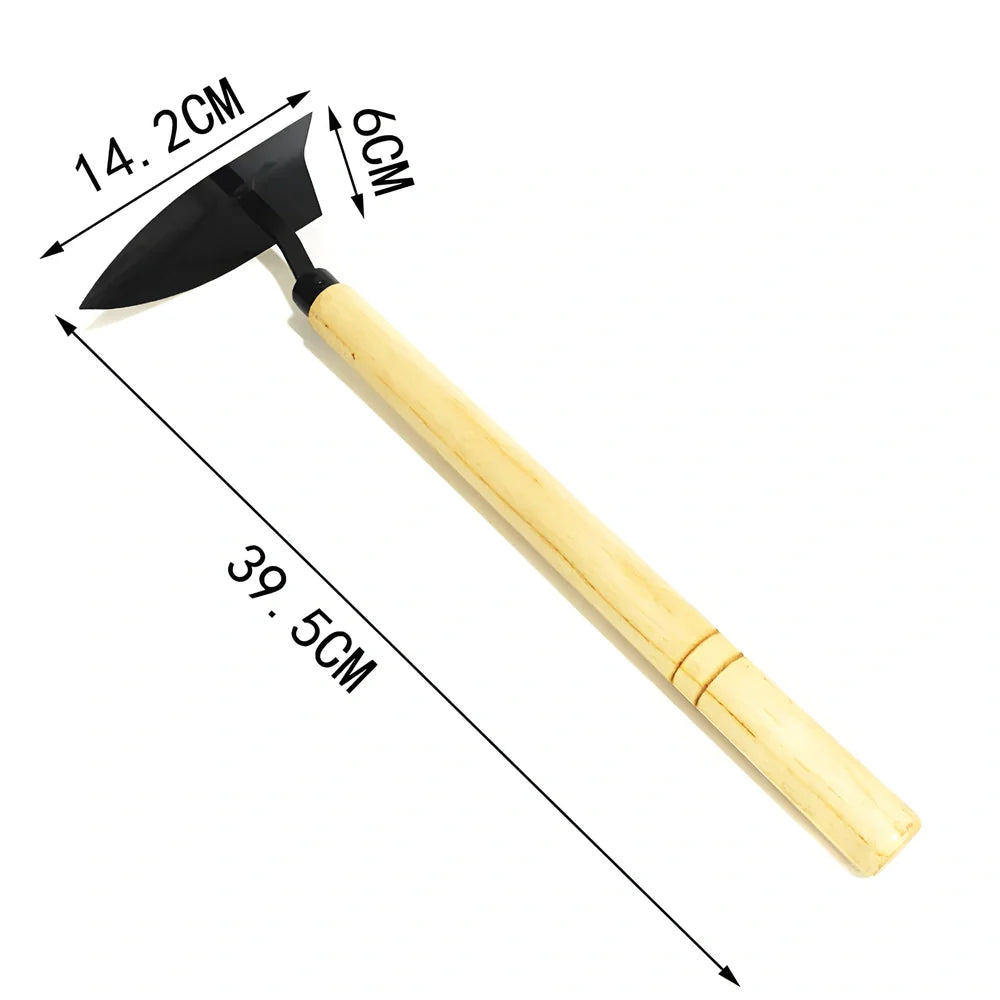 Short wooden handle garden tool with 6 carbon steel attachments including hoe, harrow, and weeding knife