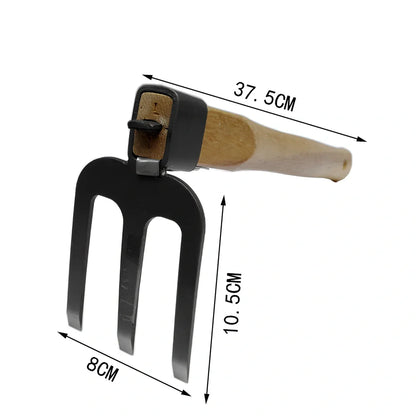 Short wooden handle garden tool with 6 carbon steel attachments including hoe, harrow, and weeding knife