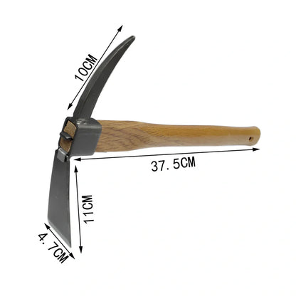 Short wooden handle garden tool with 6 carbon steel attachments including hoe, harrow, and weeding knife