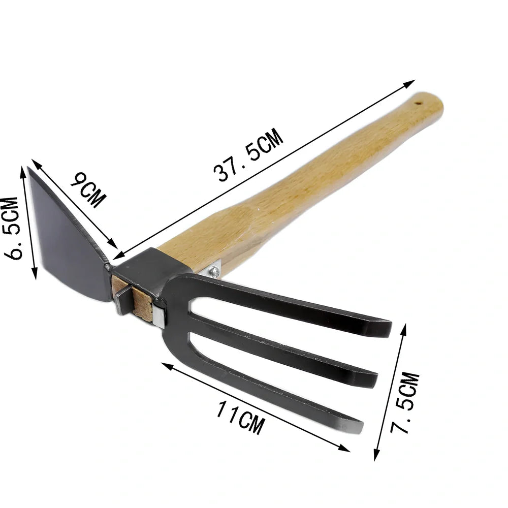 Short wooden handle garden tool with 6 carbon steel attachments including hoe, harrow, and weeding knife