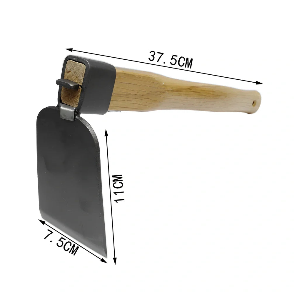 Short wooden handle garden tool with 6 carbon steel attachments including hoe, harrow, and weeding knife