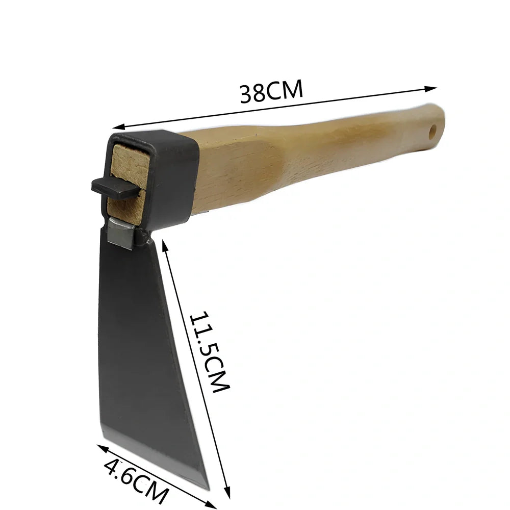Short wooden handle garden tool with 6 carbon steel attachments including hoe, harrow, and weeding knife