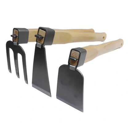 Short wooden handle garden tool with 6 carbon steel attachments including hoe, harrow, and weeding knife