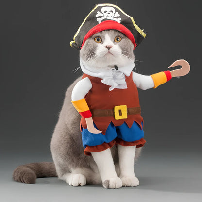 Polyester cat costume in character design with size label showing bust and neck measurements