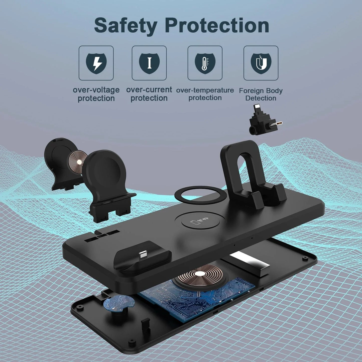 15W Wireless Charger with multifunctional six-in-one bracket in hollow black and hollow white