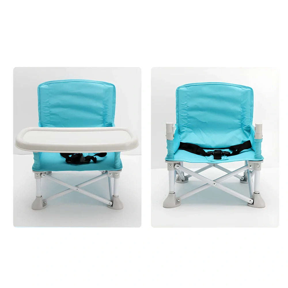 Baby folding dining chair in lake blue with metal frame and carrying bag