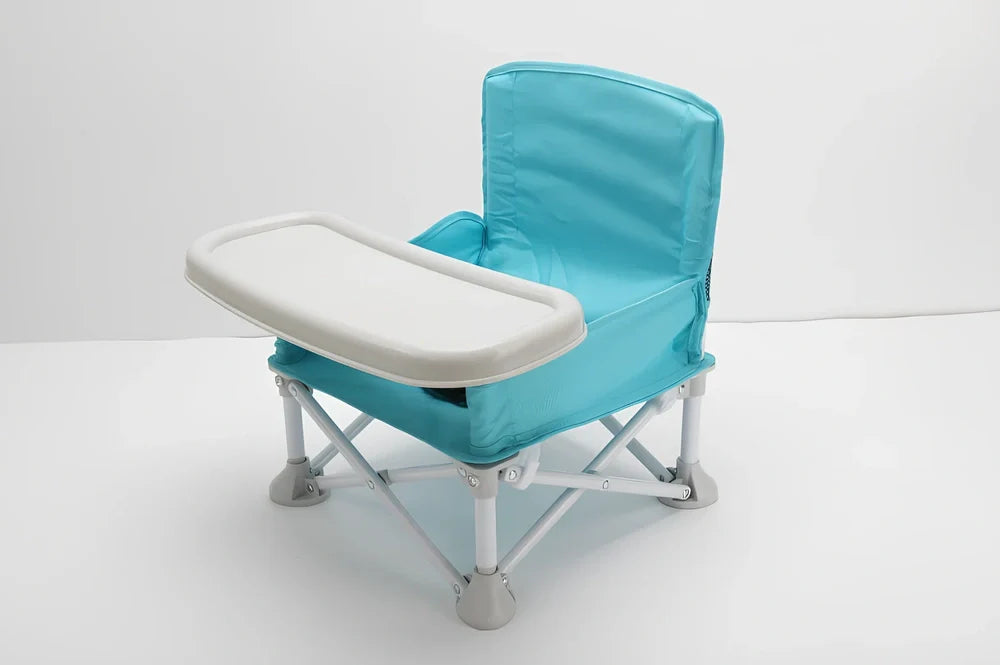 Baby folding dining chair in lake blue with metal frame and carrying bag