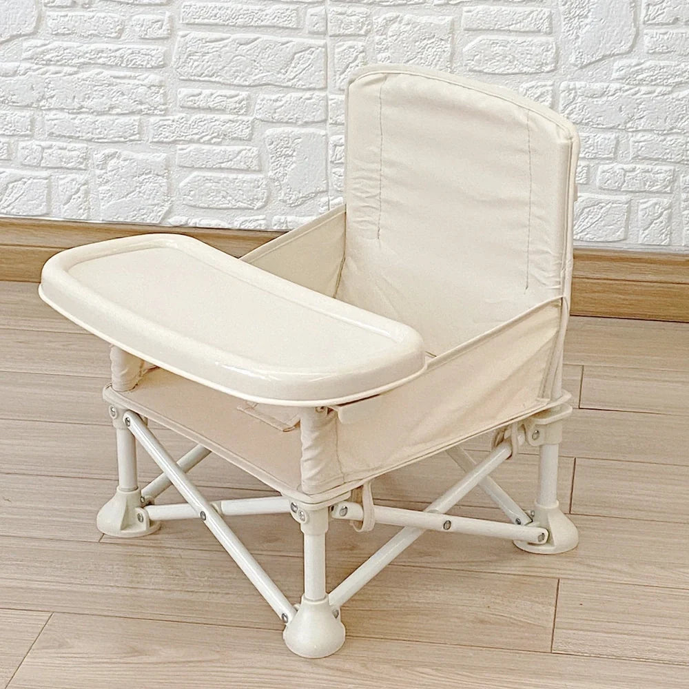 Baby folding dining chair in lake blue with metal frame and carrying bag