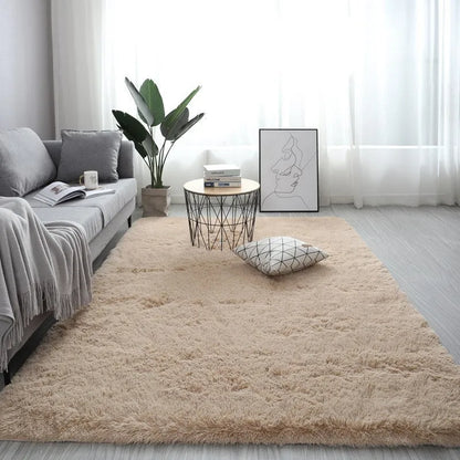 Rectangular plush carpet in solid colour with fluffy texture on hardwood floor