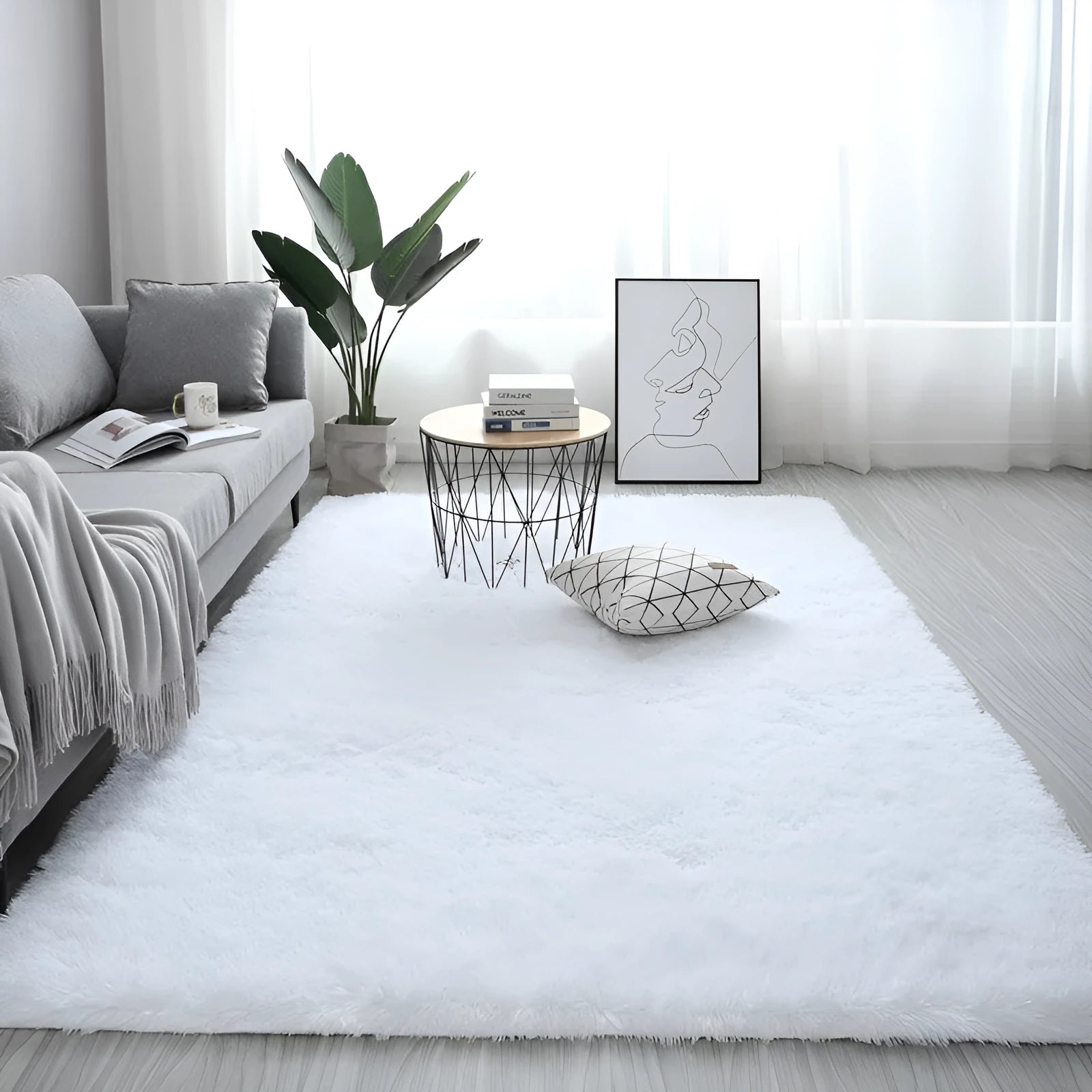 Rectangular plush carpet in solid colour with fluffy texture on hardwood floor